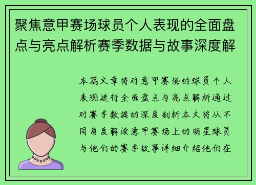 聚焦意甲赛场球员个人表现的全面盘点与亮点解析赛季数据与故事深度解读