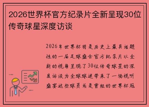 2026世界杯官方纪录片全新呈现30位传奇球星深度访谈