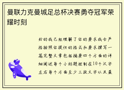 曼联力克曼城足总杯决赛勇夺冠军荣耀时刻